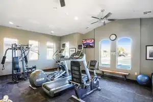 Gym featuring ceiling fan and lofted ceiling