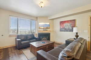 Living room with dark hardwood / wood-style flooring