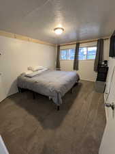 Bedroom featuring carpet flooring and a textured ceiling