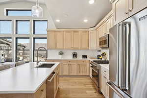 Kitchen with hanging light fixtures, light brown cabinetry, high end appliances, and sink