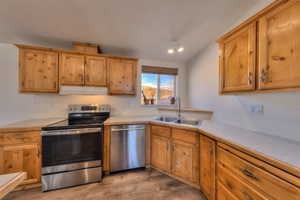 Kitchen featuring sink, light wood-type flooring, stainless steel appliances, and vaulted ceiling