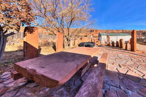 View of patio with a mountain view