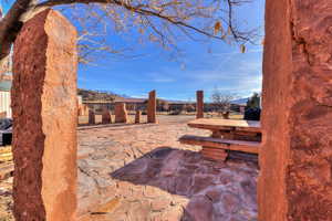 View of patio with a mountain view