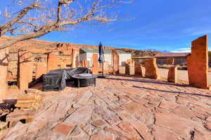 View of patio / terrace featuring a mountain view