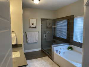 Bathroom featuring vanity and independent shower and bath