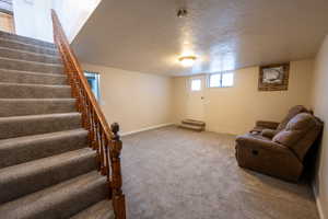 Interior space with carpet flooring and a textured ceiling