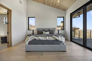 Bedroom with access to exterior, light hardwood / wood-style flooring, high vaulted ceiling, and wooden ceiling