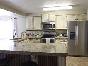 Kitchen with kitchen peninsula, light stone counters, a textured ceiling, stainless steel appliances, and sink