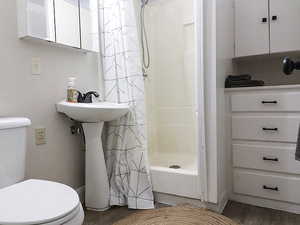 Bathroom with toilet, hardwood / wood-style floors, and a shower with shower curtain