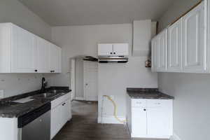 Kitchen with stainless steel dishwasher, sink, dark stone countertops, light lvp floors, and white cabinetry