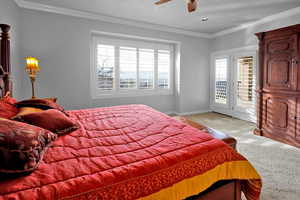 Carpeted bedroom with access to exterior, ceiling fan, and ornamental molding