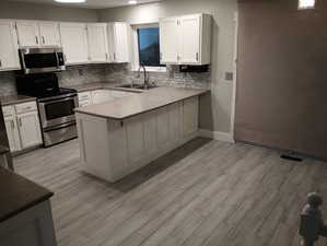 Kitchen featuring kitchen peninsula, white cabinets, and stainless steel appliances