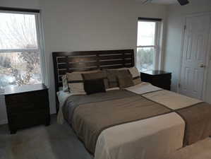 Carpeted bedroom featuring ceiling fan