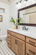 Bathroom with vanity, toilet, and walk in shower