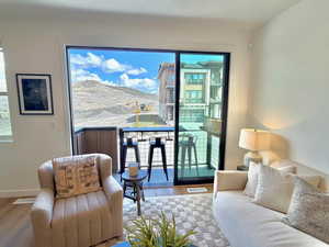 Sliding glass door opening to an outdoor balcony