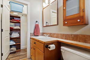 Bathroom with toilet, vanity, and hardwood / wood-style flooring