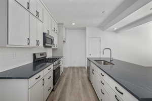 Kitchen with sink, decorative backsplash, light wood-type flooring, appliances with stainless steel finishes, and white cabinetry