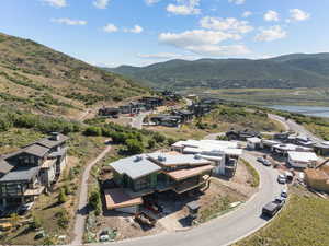 Aerial perspective of suburban area with mountains