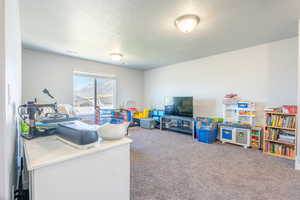 Playroom with carpet and a textured ceiling