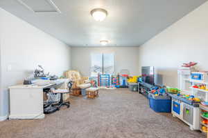 Recreation room with carpet flooring and a textured ceiling