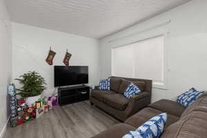 Living room with hardwood / wood-style floors and a textured ceiling