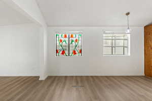 Unfurnished dining area with plenty of natural light and vinyl plank flooring