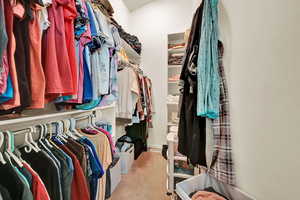 Walk in closet featuring light carpet