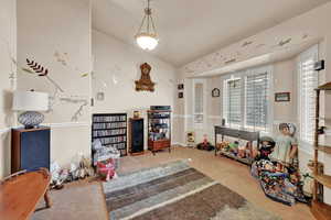 Game room with carpet floors