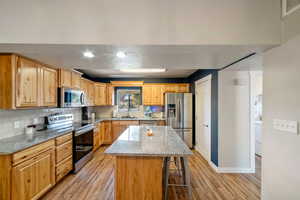 Kitchen with backsplash, a center island, light wood-type flooring, and stainless steel appliances