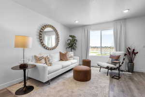 Living room featuring laminate flooring