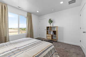 Bedroom with dark colored carpet