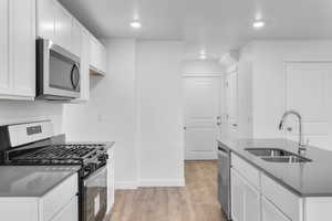 Kitchen with stainless steel appliances, white cabinetry, light hardwood / wood-style floors, and sink