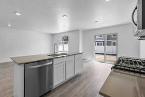 Kitchen with dishwasher, sink, wood-type flooring, a kitchen island with sink, and white cabinets