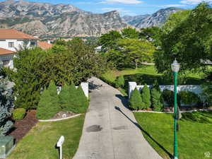 View of community featuring a mountain view and a yard