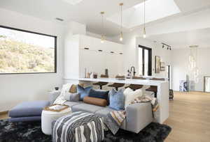 Living room with light hardwood / wood-style flooring and rail lighting