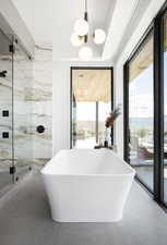 Bathroom with a mountain view, plus walk in shower, and a chandelier