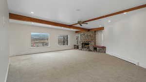 large family room with light carpet, and fireplace