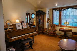 Miscellaneous room with carpet flooring, vaulted ceiling, and a baseboard heating unit