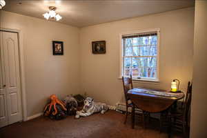 Misc room featuring dark colored carpet and a baseboard heating unit