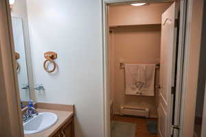 Bathroom featuring vanity, hardwood / wood-style flooring, and baseboard heating