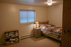 Bedroom featuring carpet and a baseboard heating unit