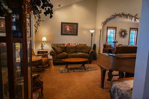 Carpeted living room featuring vaulted ceiling