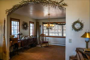 Living area featuring carpet floors, a baseboard radiator, a textured ceiling, and an inviting chandelier