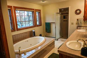 Bathroom with plus walk in shower, vanity, and a baseboard heating unit