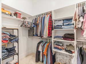 Spacious closet featuring light colored carpet