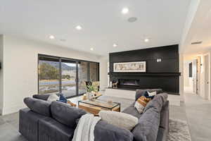 Living room with a large fireplace