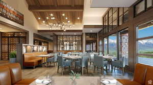 Dining area with wooden ceiling, high vaulted ceiling, light hardwood / wood-style flooring, beamed ceiling, and a chandelier