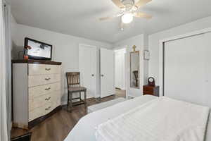 Bedroom featuring ceiling fan and dark hardwood / wood-style floors