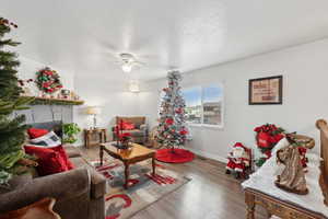 Living room with ceiling fan, a textured ceiling, and hardwood / wood-style flooring