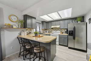 Kitchen featuring kitchen peninsula, a breakfast bar, white appliances, sink, and gray cabinets